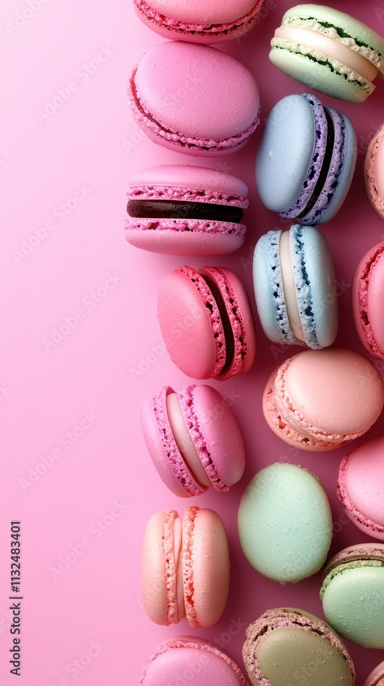 Fototapeta premium A colorful arrangement of macarons on a pink background, showcasing their delicate textures.