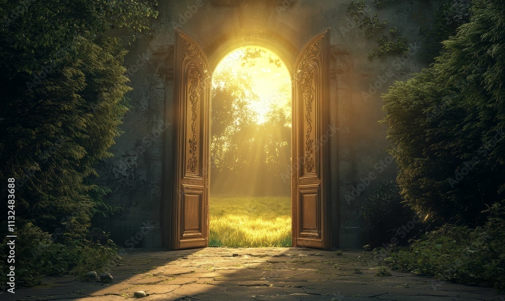 Fototapeta premium Ornate door opens to sunlit field.