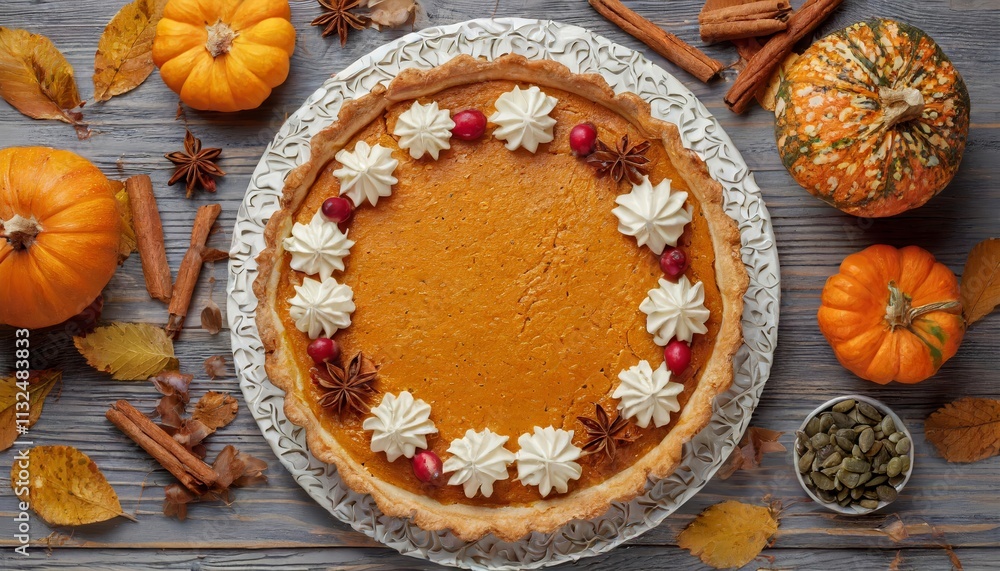 Top View of Traditional Pumpkin Pie A Deliciously Spiced Thanksgiving Dessert with a Golden Brown Crust, Perfectly Smooth Filling, and Whipped Cream Garnish for Festive Celebrations Top View of Traditional Pumpkin Pie A Deliciously Spiced Thanksgiving Dessert with a Golden Brown Crust, Perfectly Smooth Filling, and Whipped Cream Garnish for Festive Celebrations