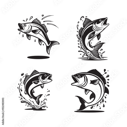 Set of salmon silhouette in line art style.Fish vector by hand drawing Fish Silhouettes Fish group swim curve. Underwater school icon
