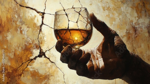 Close-up oil painting of an African hand gripping a cracked whisky glass, showcasing intricate textures, rich colors, and surreal artistry with abstract details.