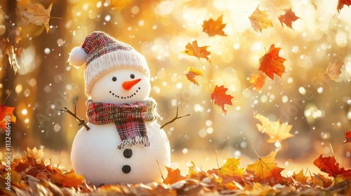 Photo of a happy snowman wearing an orange hat and scarf in a snowy winter landscape at sunset. This concept provides copy space for a Christmas card or New Year's background .Ai photo