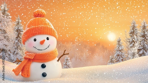 Photo of a happy snowman wearing an orange hat and scarf in a snowy winter landscape at sunset. This concept provides copy space for a Christmas card or New Year's background .Ai photo