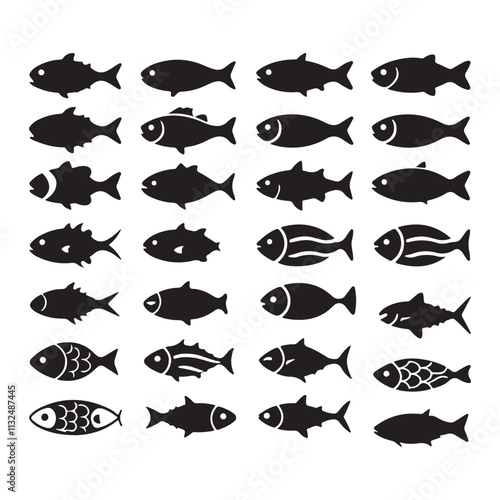 Set of salmon silhouette in line art style.Fish vector by hand drawing Fish Silhouettes Fish group swim curve. Underwater school icon

