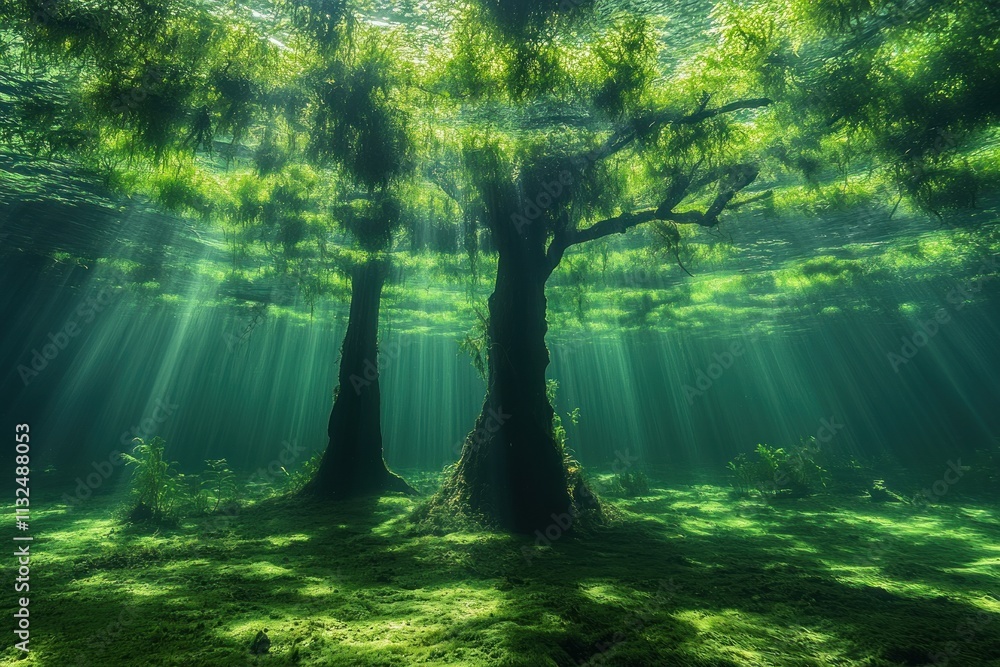 Obraz premium Sunbeams illuminate submerged trees in crystal-clear water, creating a magical underwater forest scene.