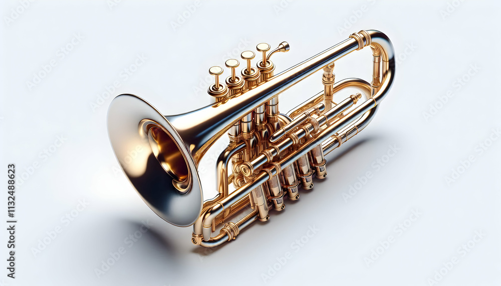 Obraz premium musical instrument A 3D trombone with a slide extended, laid horizontally, isolated on a white background