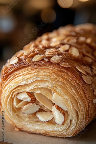 A close-up of a delicious almond croissant showcasing its flaky layers and nutty filling. photo