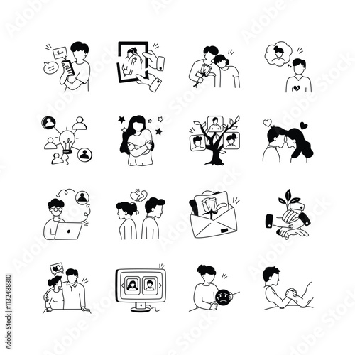 This set of illustrations showcases different relationship dynamics, from connection and affection to conflict and resolution.