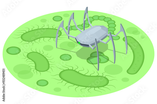 Isometric Nanorobots assist the immune system by destroying viruses and bacteria, cleansing the blood of toxins. Future technologies nanorobots for organism treatment. Nanotechnology in medicine