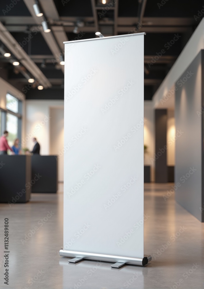 Trade show banner mockup featuring realistic edges, a blank retractable banner, and a professional indoor setting with soft lighting