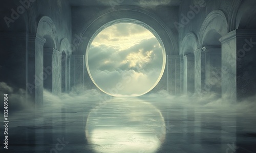 Hallway, columns, circular opening, cloudy sky, fog.