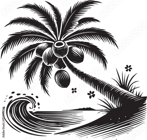 A palm tree with coconuts leaning sharply over the ocean vector silhouette
