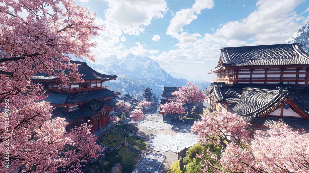 Fototapeta premium Cherry blossom serenity amidst traditional japanese architecture full bloom scene tranquil environment panoramic viewpoint evoking peacefulness