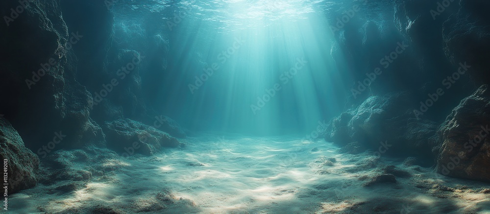 Fototapeta premium Sunbeams illuminate an underwater seabed with dark rocky formations.