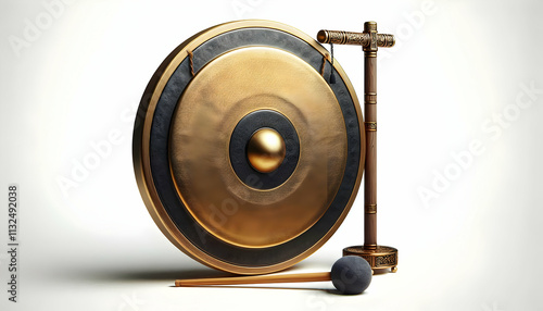 musical instrument A 3D gong with a golden surface and a black center, accompanied by a padded mallet, isolated on a wh3