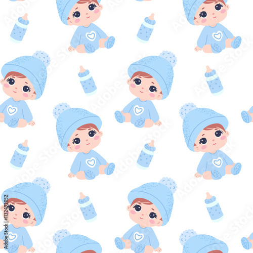 Seamless pattern Cute baby boy in knitted hat and socks. Bottle with milk.