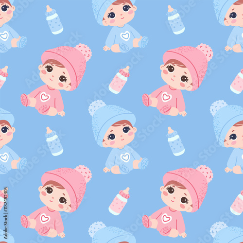 Seamless pattern Cute baby boy and girl in knitted hat and socks. Bottle with milk.