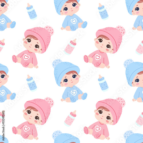 Seamless pattern Cute baby boy and girls in knitted hat and socks. Bottle with milk.