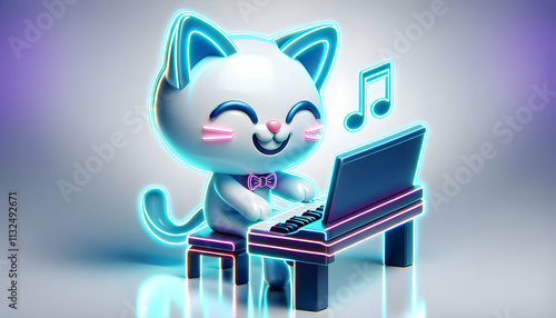 musical instrument A 3D cartoon cool smiling cat playing a piano with glowing neon edges, isolated on a white background