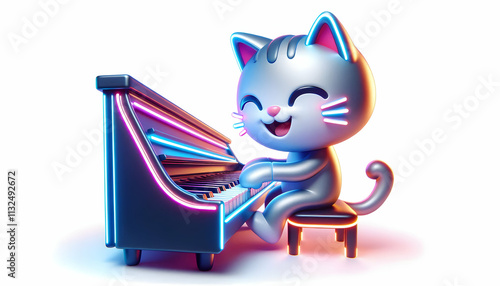 musical instrument A 3D cartoon cool smiling cat playing a piano with glowing neon edges, isolated on a white background (2)