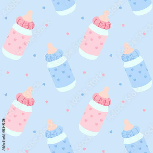 Seamless pattern Milk bottle with nipple, baby bottle, baby feeding.