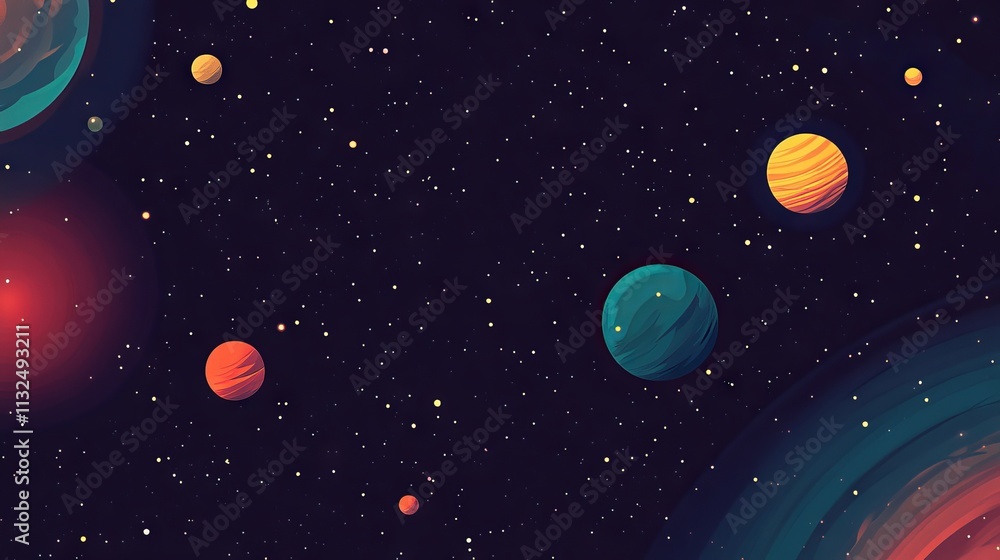 Fototapeta premium Vector flat space design background featuring small celestial elements like stars, planets, and galaxies in a modern minimalistic space theme