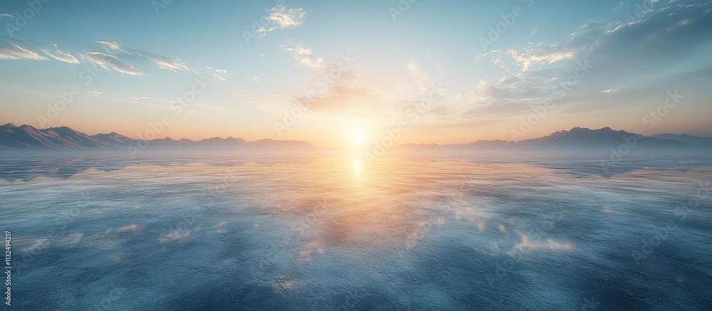 Fototapeta premium Serene sunset over calm water with mountain reflections.