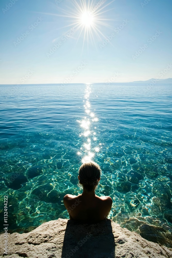 Obraz premium Person sits sunlit rock, clear ocean view.