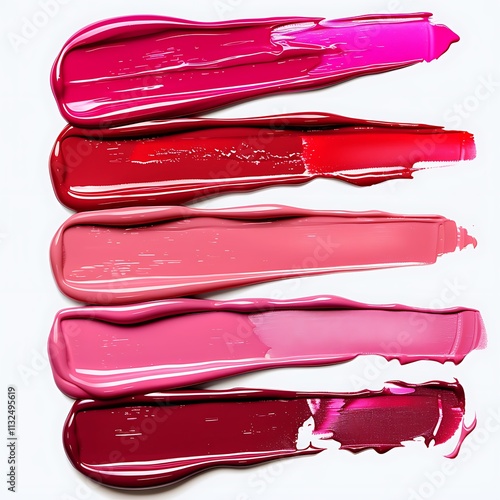 Swatches of glossy lipstick shades in bright red, hot pink, and electric orange on a solid PNG background