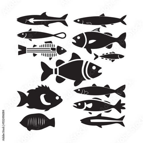 Set of salmon silhouette in line art style.Fish vector by hand drawing Fish Silhouettes Fish group swim curve. Underwater school icon

