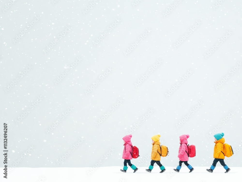 Fototapeta premium Children Walking to School in Winter Attire Under Soft Snowfall
