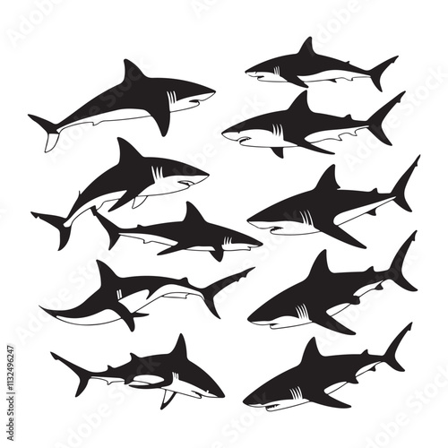 Set of salmon silhouette in line art style.Fish vector by hand drawing Fish Silhouettes Fish group swim curve. Underwater school icon
