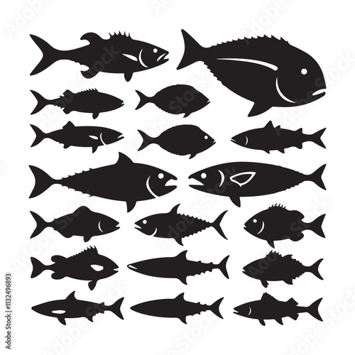 Set of salmon silhouette in line art style.Fish vector by hand drawing Fish Silhouettes Fish group swim curve. Underwater school icon
