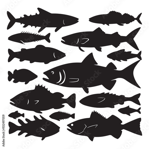 Set of salmon silhouette in line art style.Fish vector by hand drawing Fish Silhouettes Fish group swim curve. Underwater school icon
