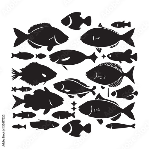 Set of salmon silhouette in line art style.Fish vector by hand drawing Fish Silhouettes Fish group swim curve. Underwater school icon
