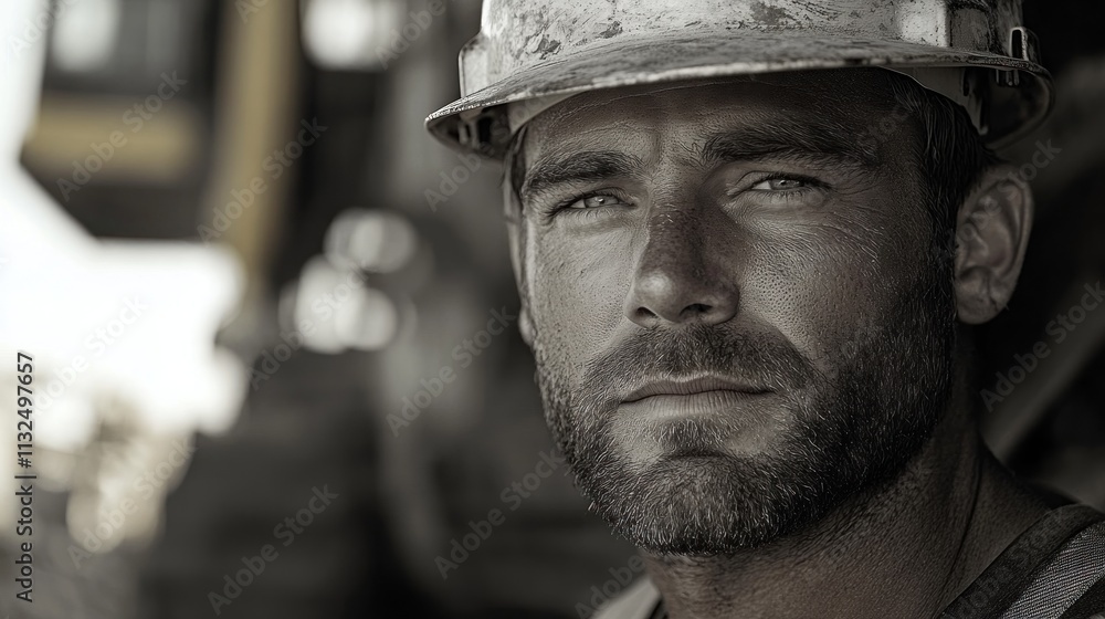 Close-up portrait of a serious construction worker wearing a hard hat. Close-up portrait of a serious construction worker wearing a hard hat.