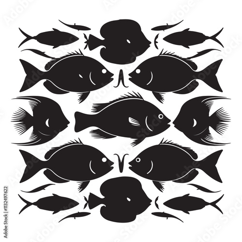 Set of salmon silhouette in line art style.Fish vector by hand drawing Fish Silhouettes Fish group swim curve. Underwater school icon
