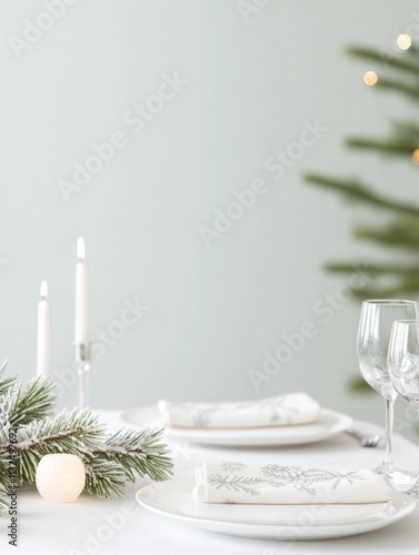 Elegant Winter-Themed Festive Tablescape with Frosted Pine Centerpiece for Seasonal Holidays photo