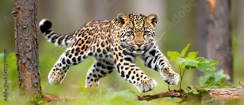 Leaping jaguar cub in forest. photo