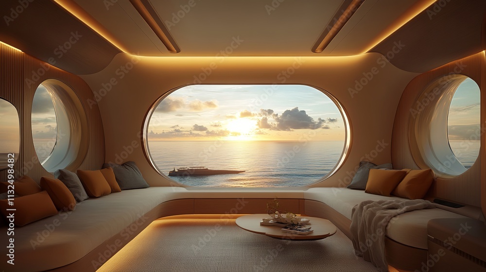 Fototapeta premium A serene airplane cabin provides a picturesque glimpse of the Maldives through its expansive window. The image evokes the alluring allure of travel