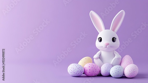 Cute white Easter bunny with colorful Easter eggs on violet background. Happy Easter holiday concept.