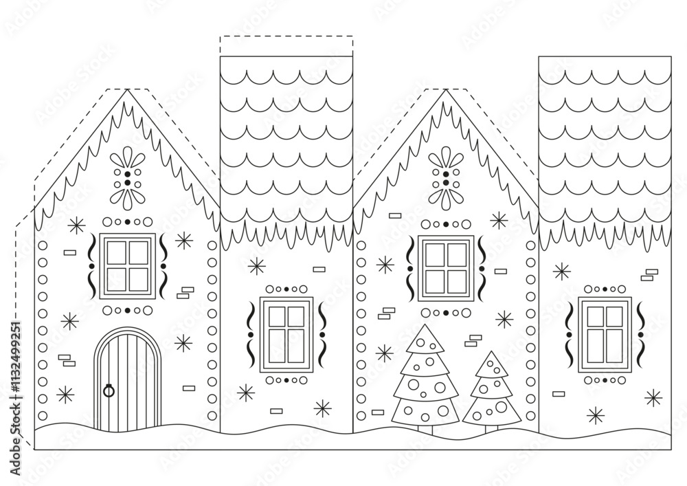 Fototapeta premium Coloring page with Christmas gingerbread house for kids. Craft game cut and glue paper. Education for kids, papercraft, Christmas decor. Vector illustration