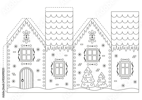 Coloring page with Christmas gingerbread house for kids. Craft game cut and glue paper. Education for kids, papercraft, Christmas decor. Vector illustration