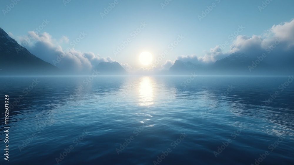 Obraz premium Serene sunrise over calm water with mountain reflection.