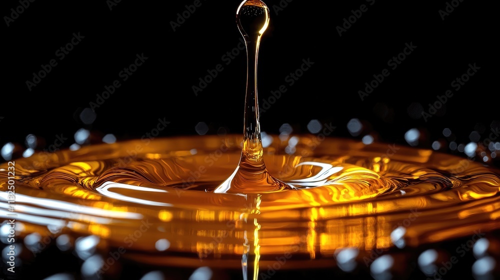 Obraz premium An elongated droplet of oil elegantly falls onto a reflective surface, creating shimmering ripples against a deep black background that mesmerizes the viewer