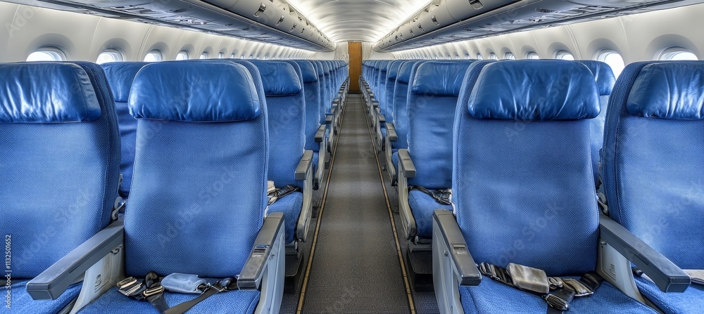 Fototapeta premium Empty airplane cabin with rows of blue seats, perspective view down the aisle, travel concept.