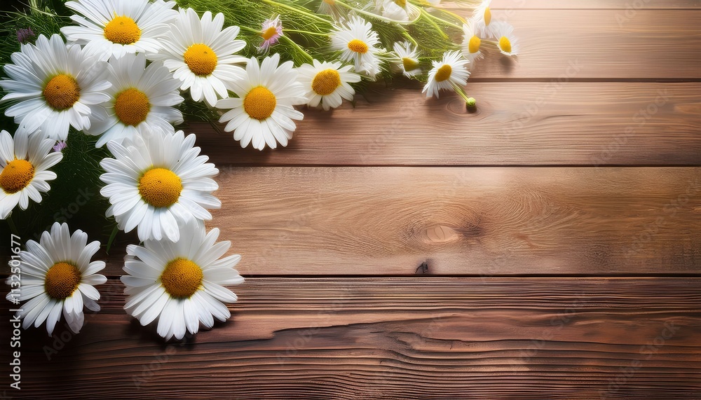 Obraz premium bouquet of white daisies on the wooden table background with copy space for place text and design. white daisy chamomile.