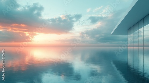 Modern architecture reflecting in tranquil ocean at sunset.