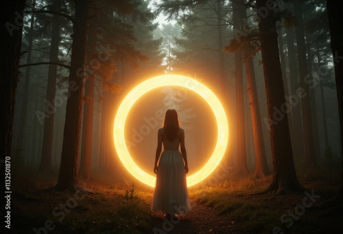 Woman in Forest Before Luminous Ring