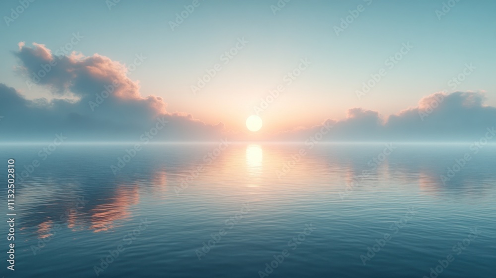 Fototapeta premium Serene sunset over calm ocean reflecting sky, clouds.